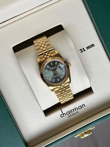 Superlative Chronometer Chairman Geneve Green Dated Dial Golden Chain Ladies Watch