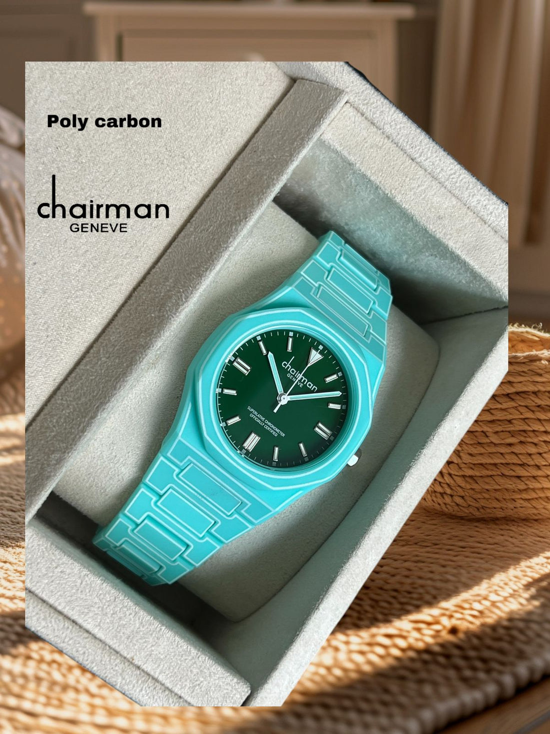 ساعة رجالية Superlative Chronometer Chairman Geneve Green Dial Poly Carbon Sky Blue
