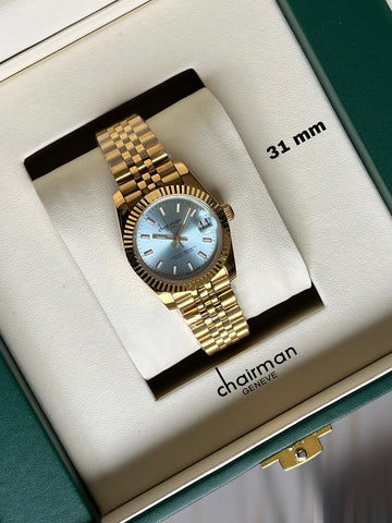 Superlative Chronometer Chairman Geneve Sky Blue Dated Dial Golden Chain Ladies Watch