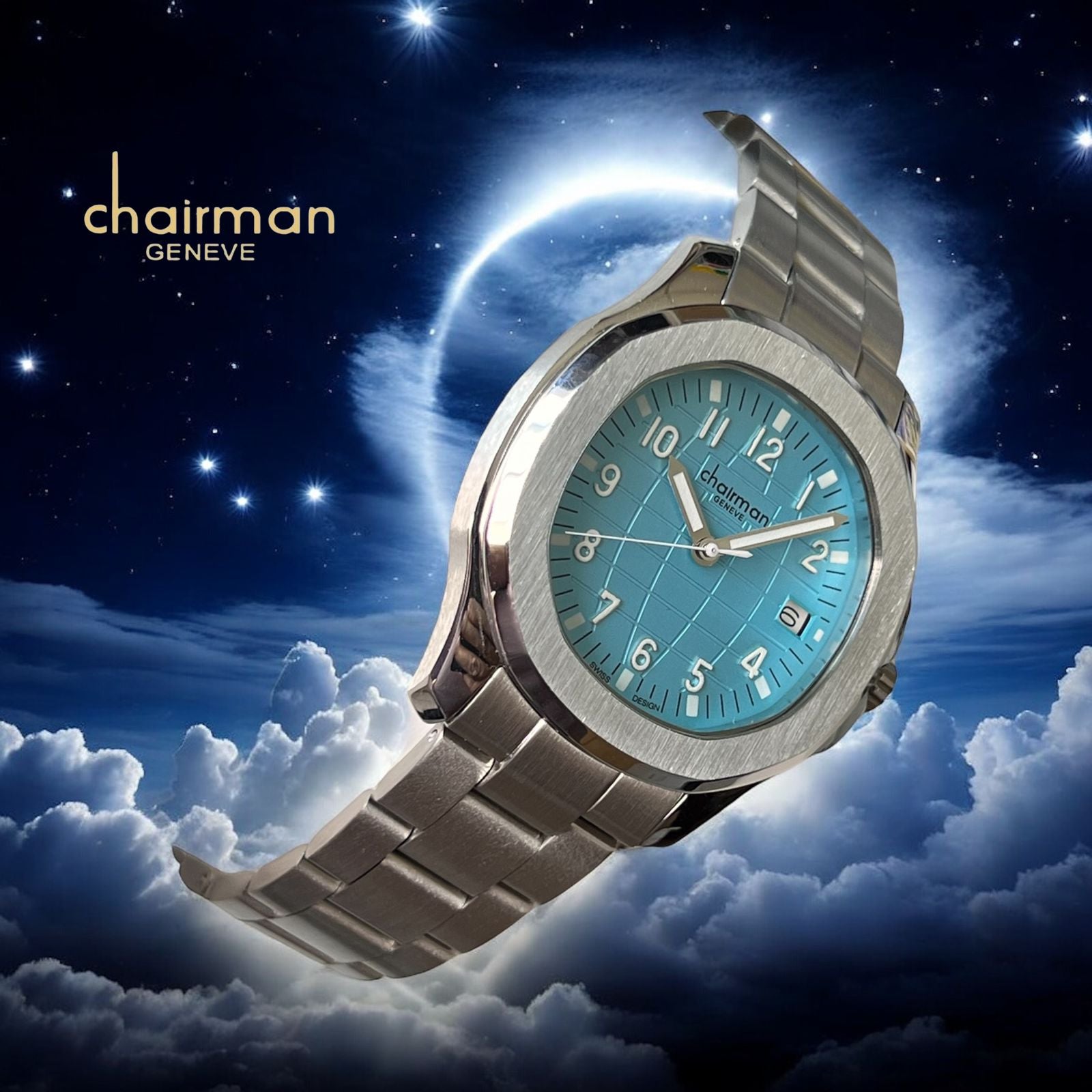Swiss Design Chairman Geneve Dated Baby Blue Dial Silver Chain Gents Watch