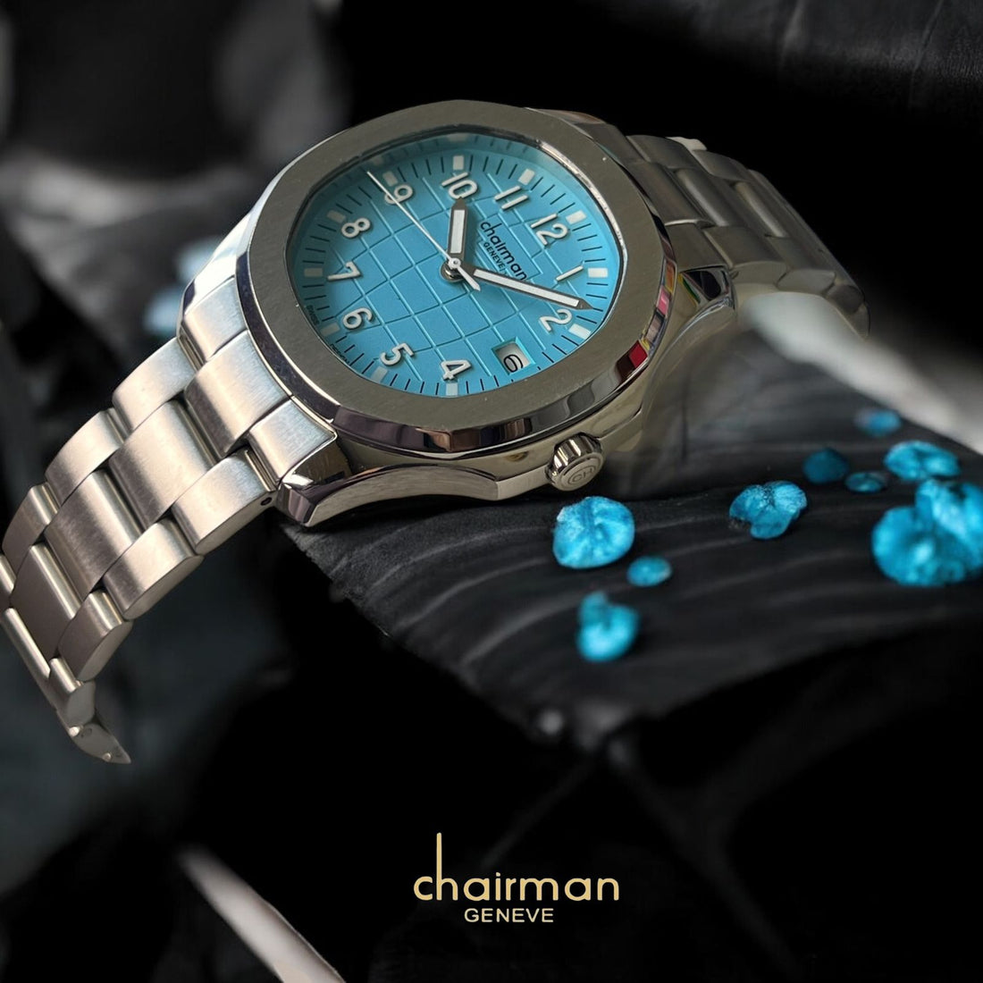 Swiss Design Chairman Geneve Dated Baby Blue Dial Silver Chain Gents Watch