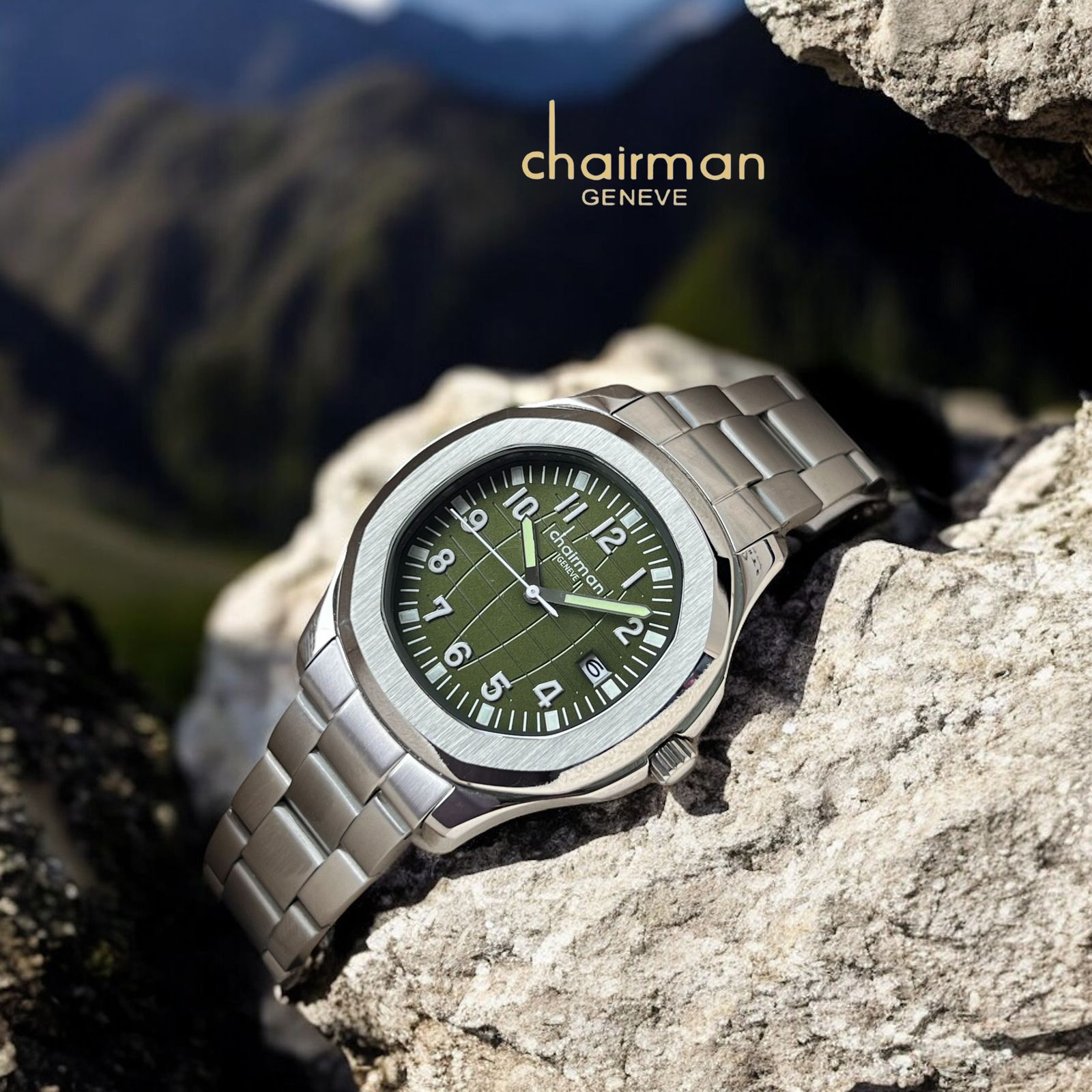 Swiss Design Chairman Geneve Dated Green Dial Silver Chain Gents Watch