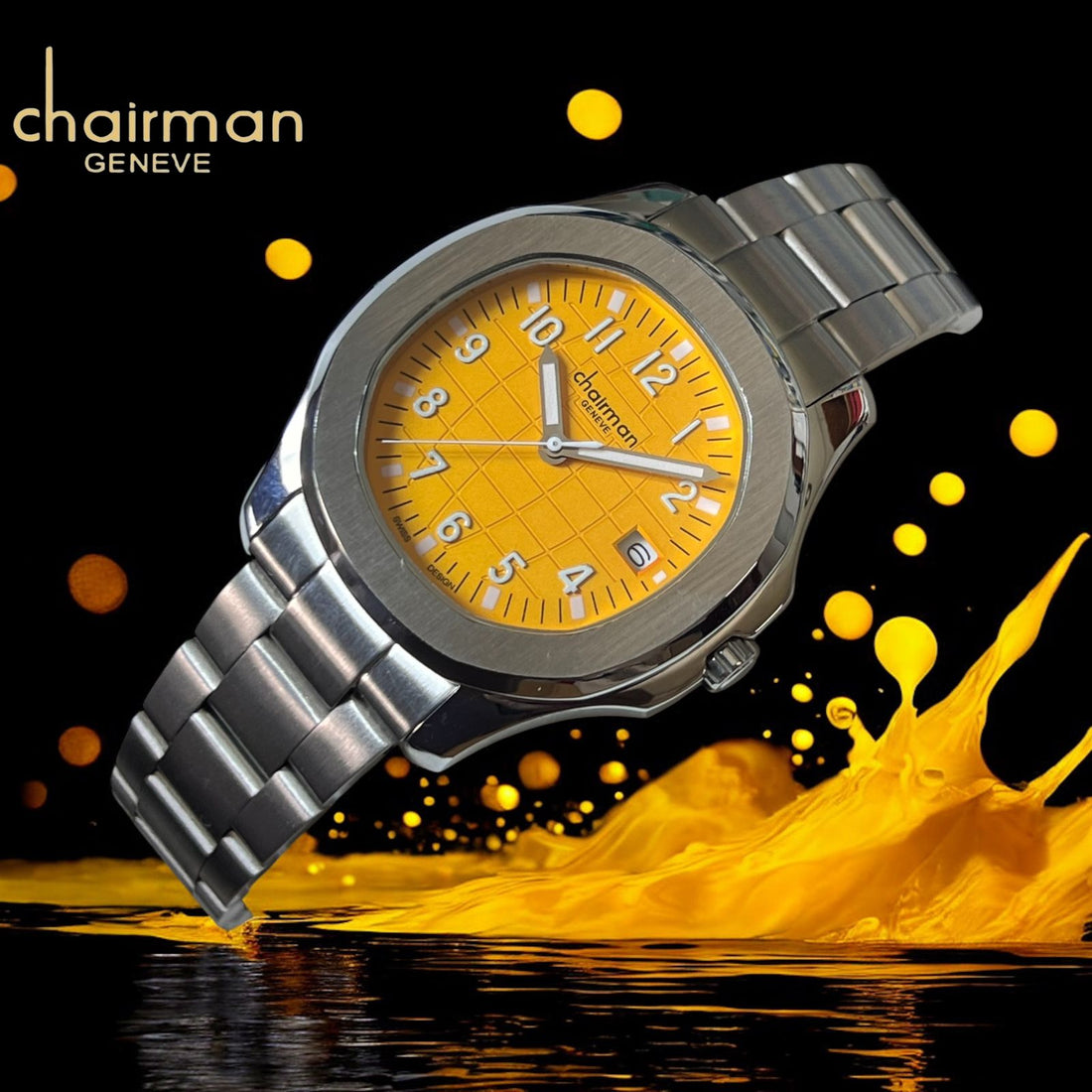 Swiss Design Chairman Geneve Dated Yellow Dial Silver Chain Gents Watch