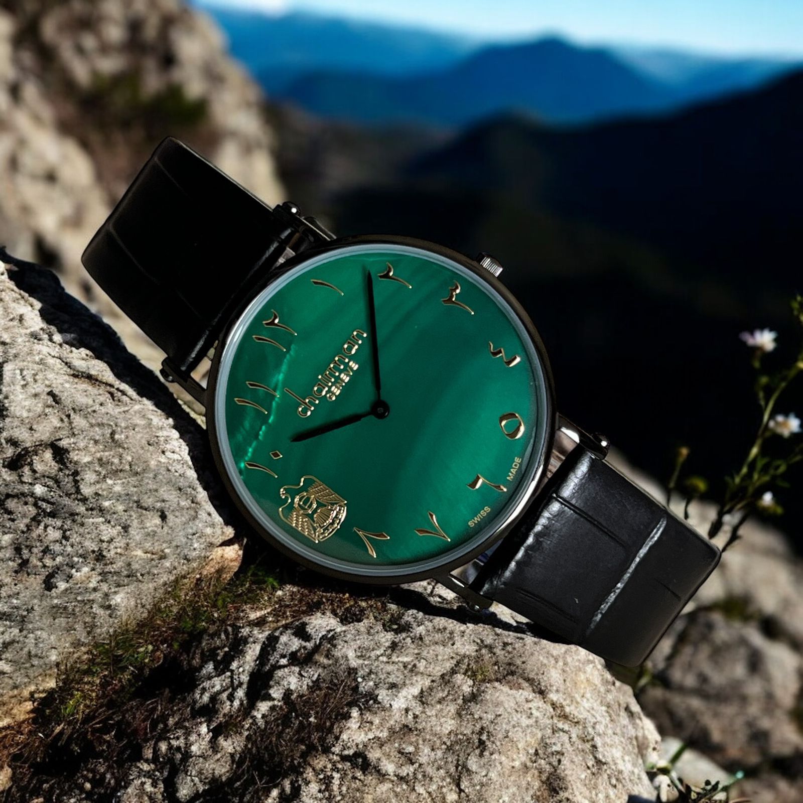 Swiss Made Chairman Geneve UAE Emblem Arabic Green Dial Black Strap Gents Watch