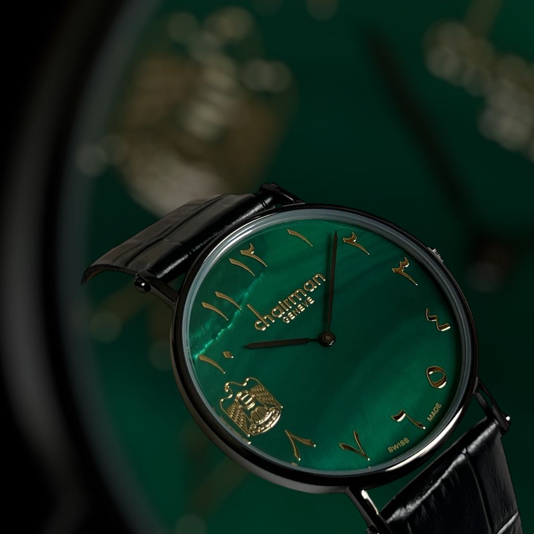 Swiss Made Chairman Geneve UAE Emblem Arabic Green Dial Black Strap Gents Watch