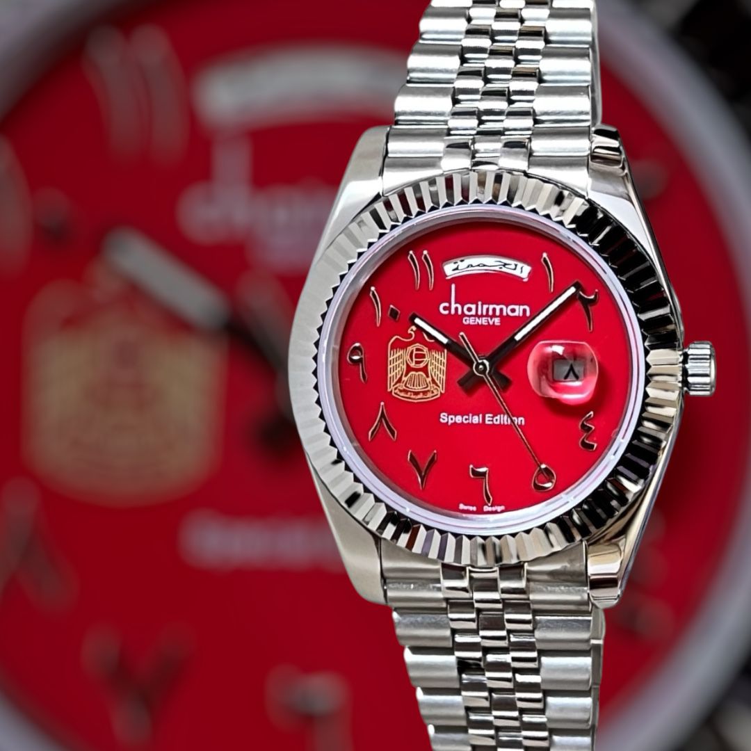 UAE Emblem Chairman Geneve Day And Dated Red Dial Silver Chain Gents Watch