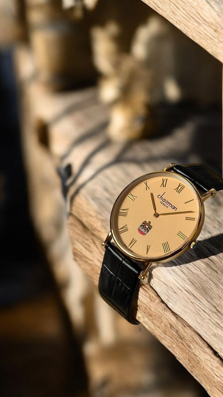 UAE Emblem Chairman Geneve Roman Beige Dial Black Strap Gents Watch