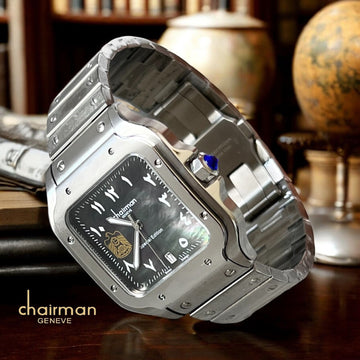 UAE Emblem Special Edition Chairman Geneve Arabic Dated Black Dial Silver Chain Gents Watch