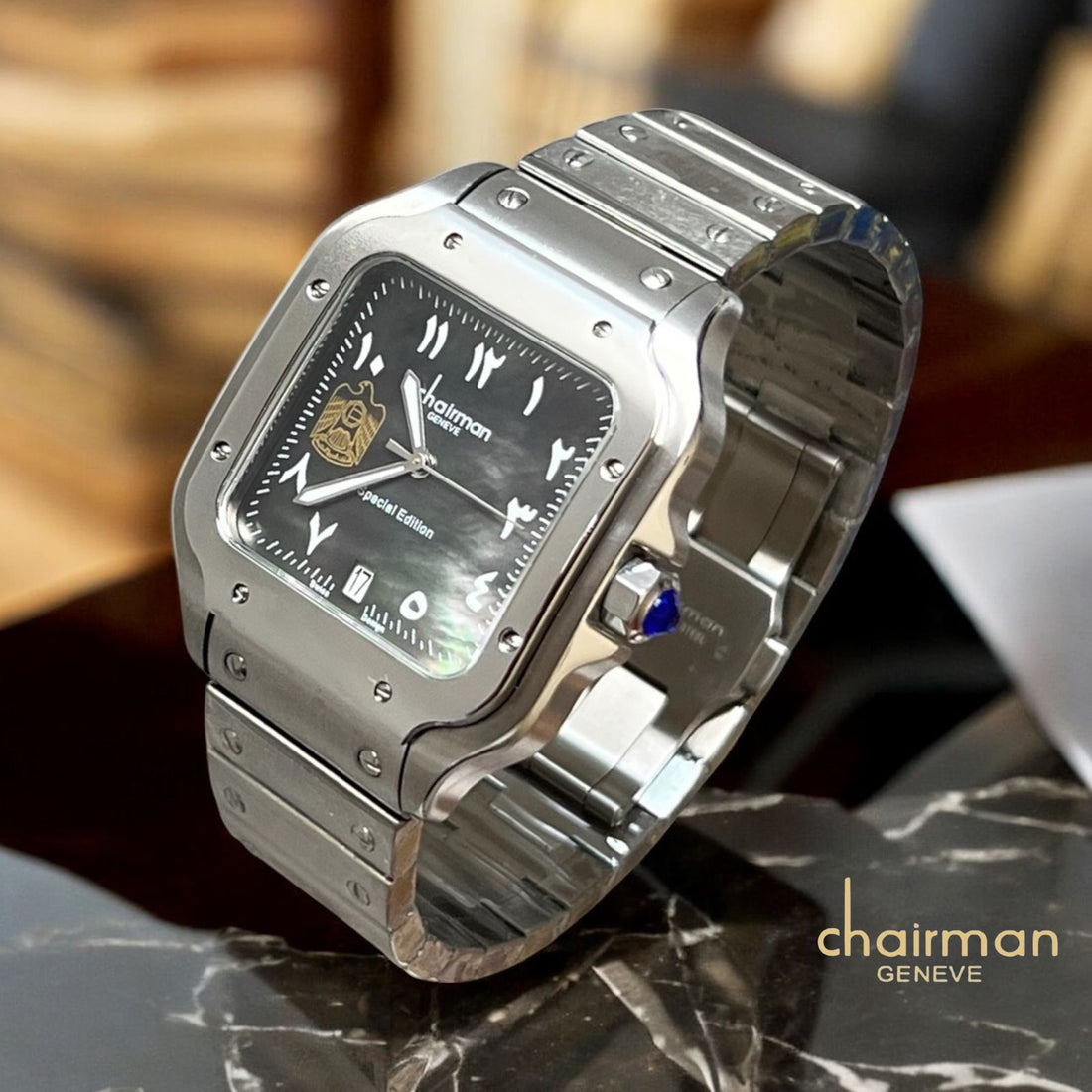 UAE Emblem Special Edition Chairman Geneve Arabic Dated Black Dial Silver Chain Gents Watch