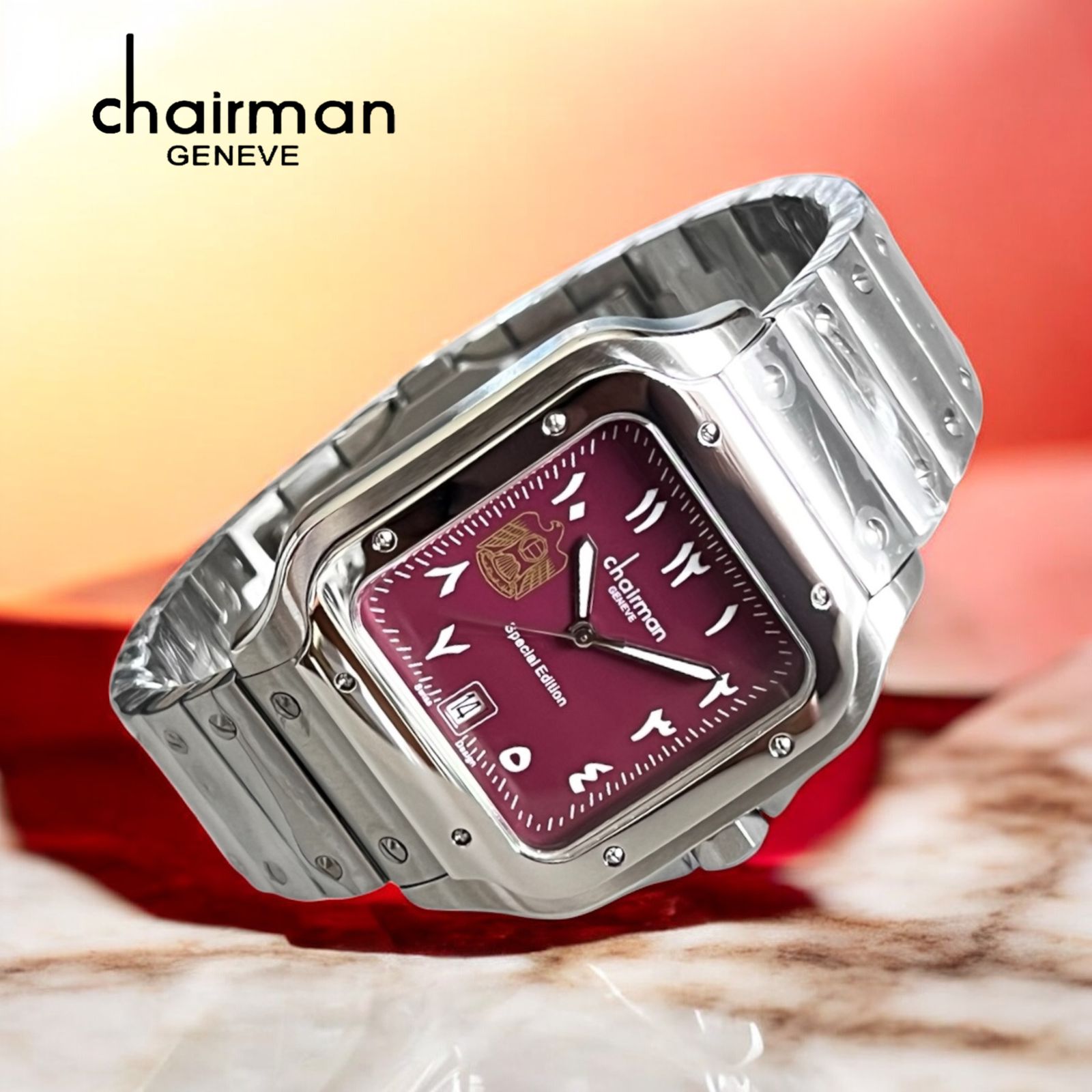 UAE Emblem Special Edition Chairman Geneve Arabic Dated Maroon Dial Silver Chain Gents Watch