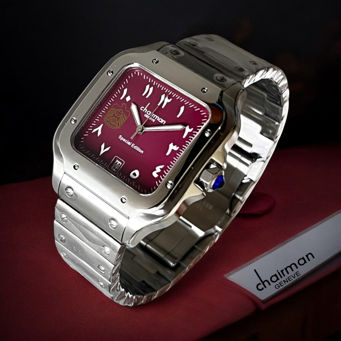 UAE Emblem Special Edition Chairman Geneve Arabic Dated Maroon Dial Silver Chain Gents Watch