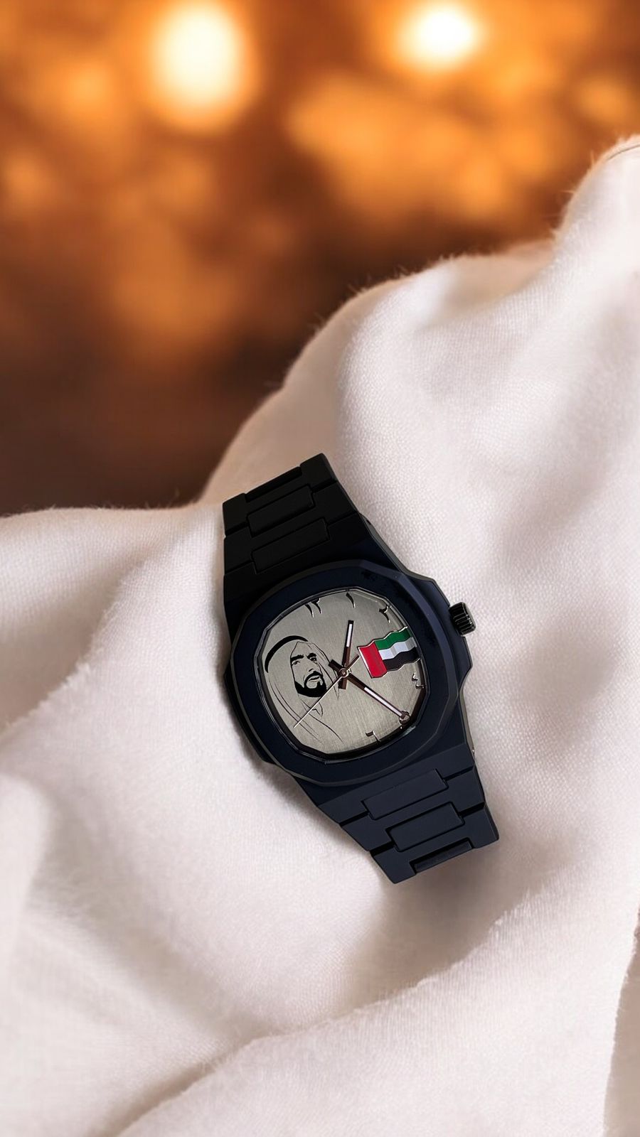 UAE Flag Sheikh Photo Arabic Grey Dial Black Chain Gents Watch