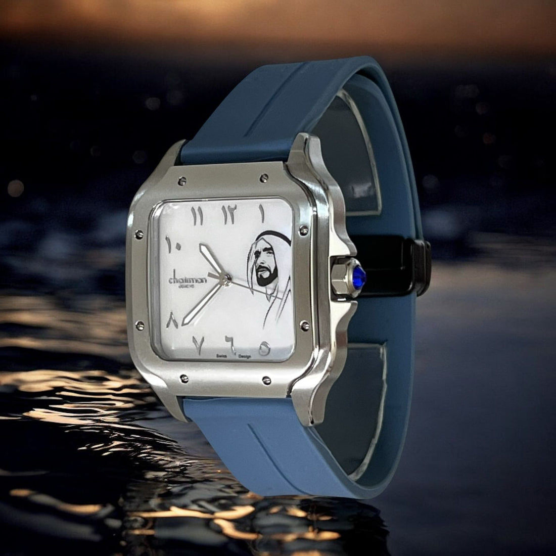 UAE Sheik Chairman Geneve Arabic White Marble Dial Blue Strap Gents Watch