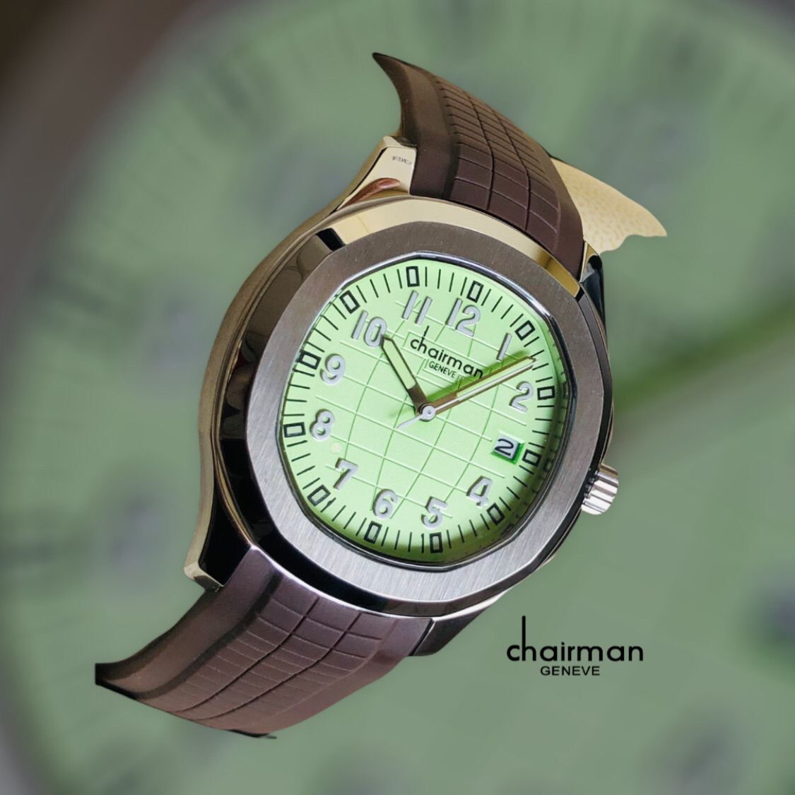ساعة Chairman Brown Strap Quartz Watch بمينا خضراء فاتحة للرجال